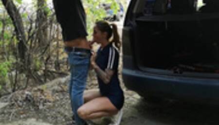Quick sex in the car service yard. Amateur couple WetKelly