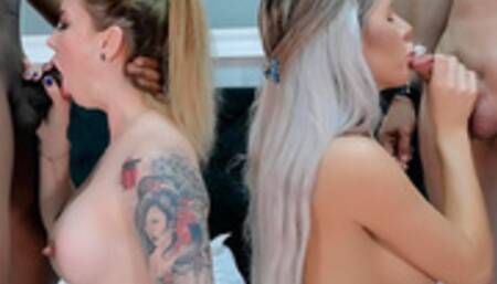 Stepmother and stepdaughter fucked by their neighbors -Foursome sex