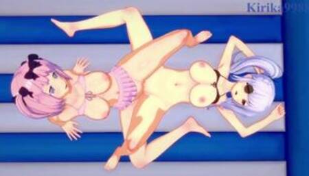 Yagyū and Hibari engage in intense lesbian play on the beach. - Senran Kagura Hentai