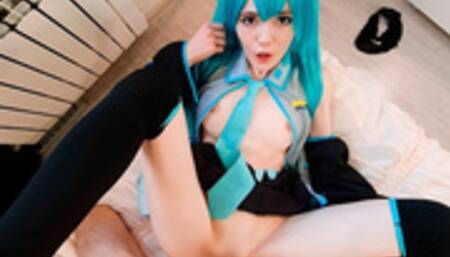 Cutie Vocaloid Hatsune Miku came to visit a fan after the concert, sucked his cock and fucked him