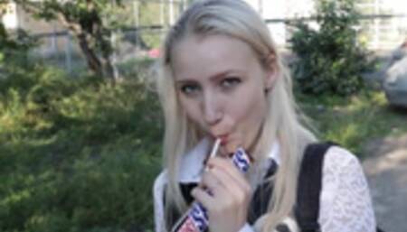 Teen student girl allowed a stranger to cum in her pussy for chocolate bars!
