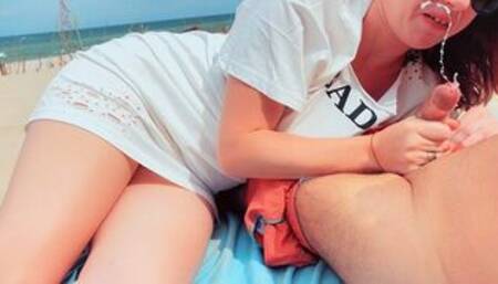 Risky Public Beach Pussy Flashing & Blowjob Cumshot | Redhead White Dress