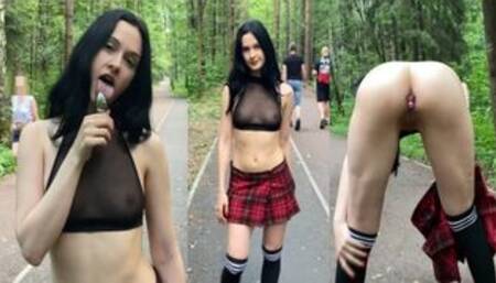 Sexy Girl walks in park in transparent top and puts anal plug inside in front of people - Annygrace