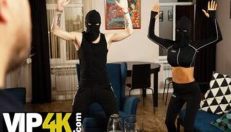 Busty thief for cash gets drilled in front of loser boyfriend