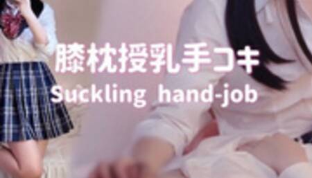 Japanese GAL feeds her breast and handjob while feeding milk