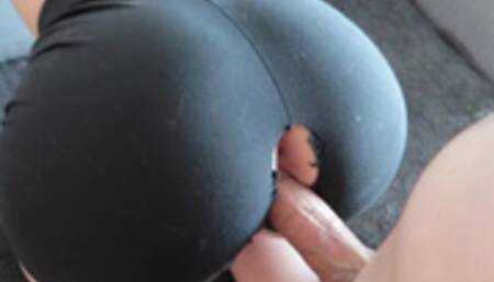 Cowgirl creampie in ripped yoga shorts - cum in pussy