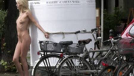 Skinny blonde exposed naked in public