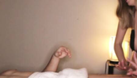 Busty masseuse babe handjobs client oiled cock after ma