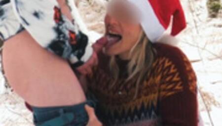 Hot amateur MILF sucking dick in the frozen forest, Cum in mouth