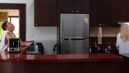 Almost caught surprise anal creampie ass fucking close to mother-in-law cooking breakfast