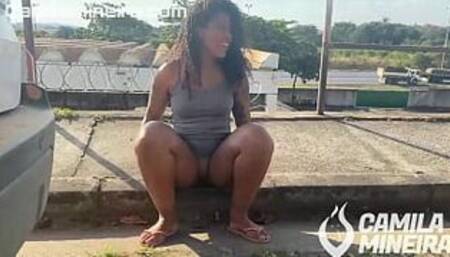 Hot married woman in a skirt and no panties showing off her pussy for strangers