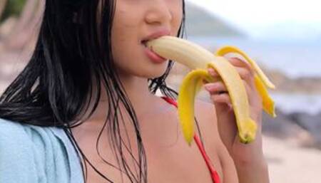 Petite big tits Asian sucking banana