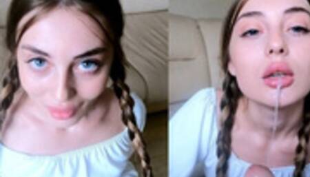 Трахнул в горло молодую голубоглазую блондинку и спустил ей в ротик.