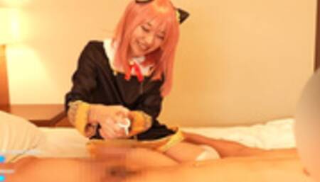 Japanese cosplayer gives a guy a handjob while being facesitting.