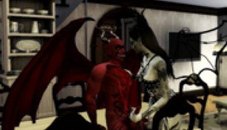 Queen of Pain SUCKS SATAN'S COCK AND GETS A CREAMPIE IN MOUTH