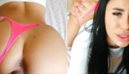 BRUNETTE IN STOCKINGS TALKS ON THE PHONE AND FUCKS CANCER IN HER BIG ASS