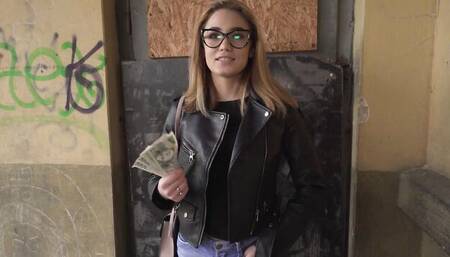 Nerdy girl fucks with a stranger in a basement for some cash