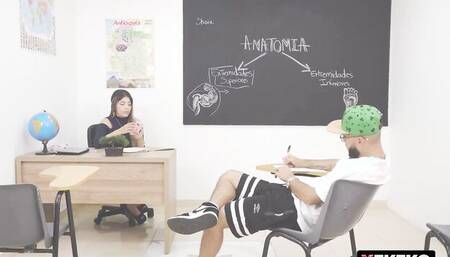 Slutty MILF teaches seduces a student and fucks in the classroom