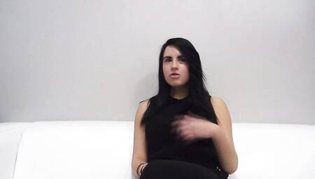 POV scene shows a brunette sucking and riding cock at casting