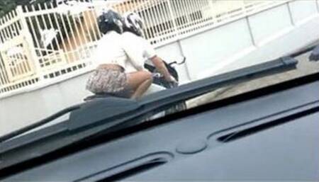 Wife walking in a skirt and no panties on the motorcycle