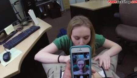 Pawnshop POV babe facial jizzed in office after BJ n fucking