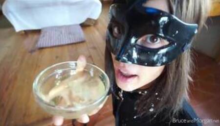 brunette drinks piss n cum juice cocktail from a bowl