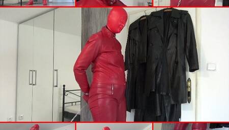 Red leather hooded wife in handcuffs and chains