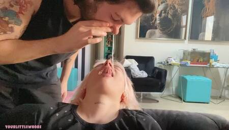 eating his hanging snot and gagging