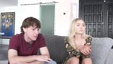 Cute blonde babe is riding her stepbrother's hard cock on the couch