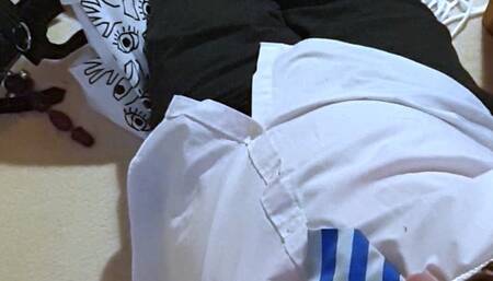 Tightly bound and gagged man in adult school uniform made to crawl to bed