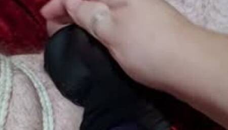 Stockings and wand post orgasm torment on naked man tied in futomomo bondage by woman