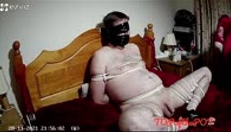 Stockings and wand polishing and post orgasm torment on naked man tied in futomomo bondage