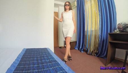 Skinny brunette with long legs play with dildo