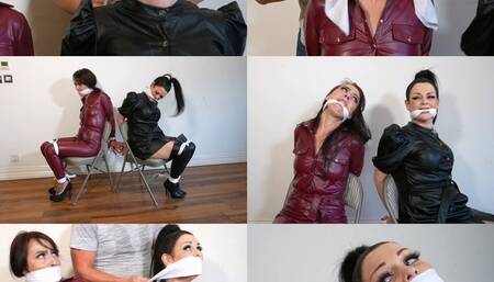 Leather clad spy's chair tied and handkerchief gagged