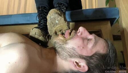 The Life of a Slave - EXTREME MUDDY BOOTS LICKING while FEEDING THE SLAVE (For mobile devices)