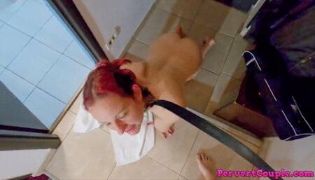 Horny slut learns to be a sex slave with a belt around her neck