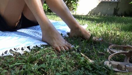 foot play on grass close up and soft soles part 1
