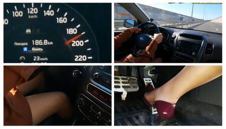 Sexy girl drives car very fast on the highway