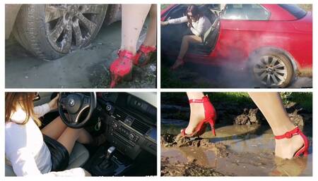 Rich girl stuck in dirt after casino: BMW cabriolet mudstuck