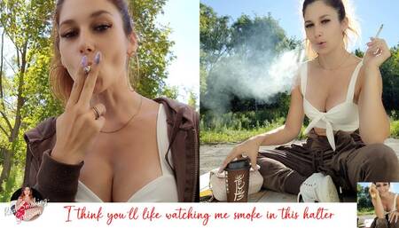 My BOOBS in a Halter Top - 2 Cigarettes!