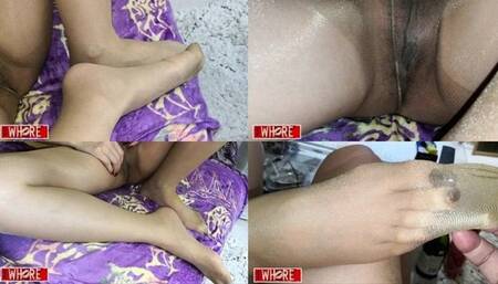 Dark labia through tan nylons!