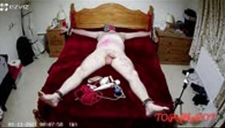 Man bound spread-eagled and tormented on the bed, gagged, blindfolded and headphones in to mess with his senses 2