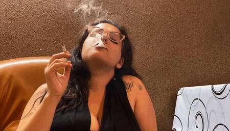 A relaxing smoke after a busy day wearing a miniskirt and high heels