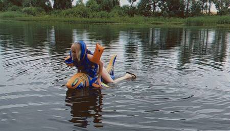 Alla fucks a rare inflatable shark hotly naked while swimming on it on the lake and wears a rare inflatable Snorke Pro vest with bandages!!!