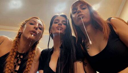 POV Triple Spitting Femdom Close-Up From Mistresses Kira, Sofi and Agma (MP4 HD 1080p)