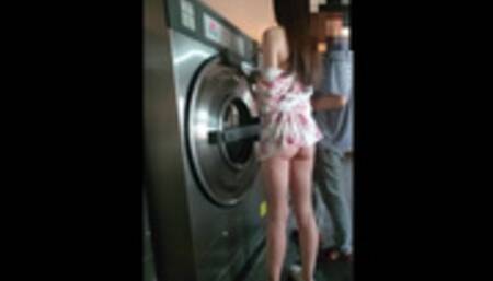Naughty Wife Flashes and Fucks in Laundromat in Front of Employee