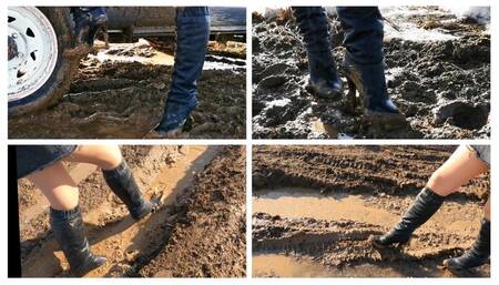 Emily walks in deep soft mud in high heel boots UPSKIRT