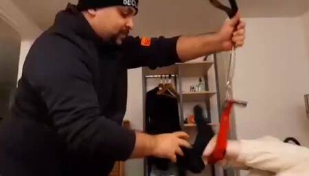 French thief having her feet tickled by the officer (4k )