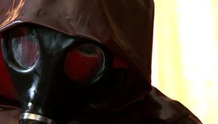 Masturbation Fun In The Bar Room - Part 1 of 2 - Gas Mask + Red Latex Catsuit Under Rubber Raincoat