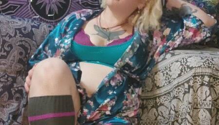 Silky Robe Strip and Uncut Dildo